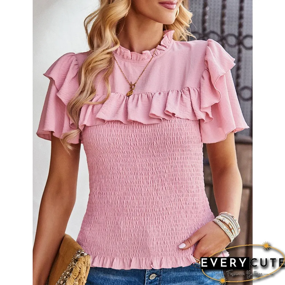 Pink Drawstring Ruffle Short Sleeve Pleated Blouse