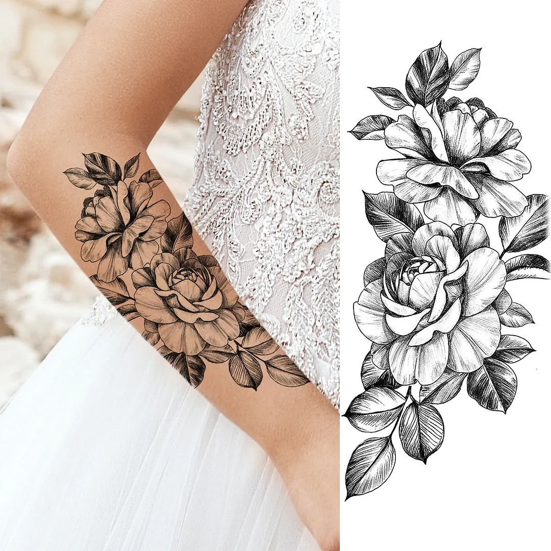 Black Rose Flower Snake Temporary Tattoos For Women Adult Peony Serpent Fake Tattoo Forearm Body Art Painting Waterproof Tatoos