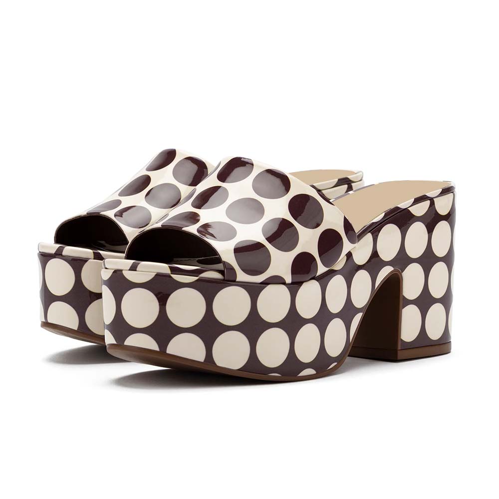 Brown and Ivory Polka Dot Open Toe Mule Heels with Platform Nicepairs