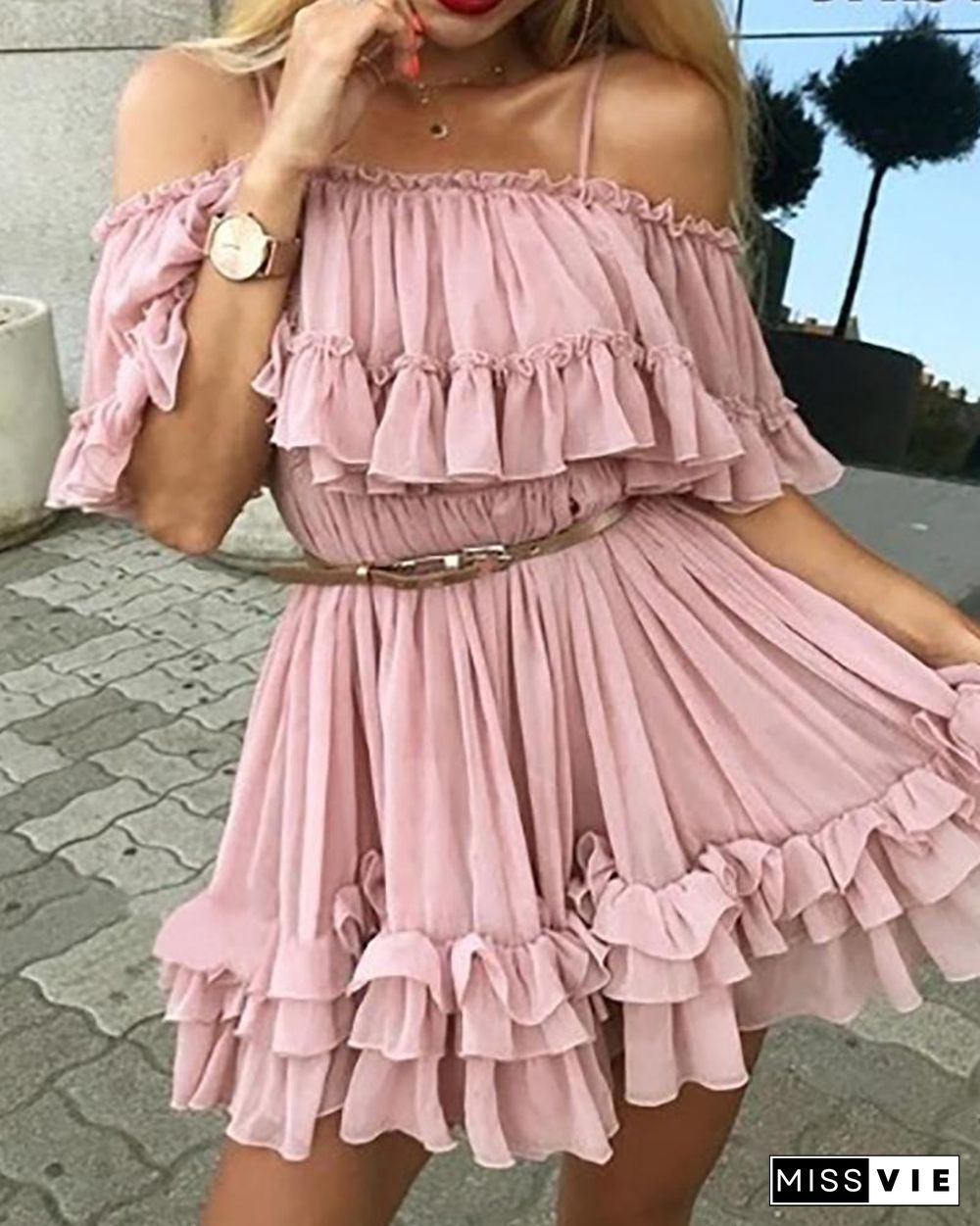 Cold Shoulder Frill Layered Ruffles Dress P10875