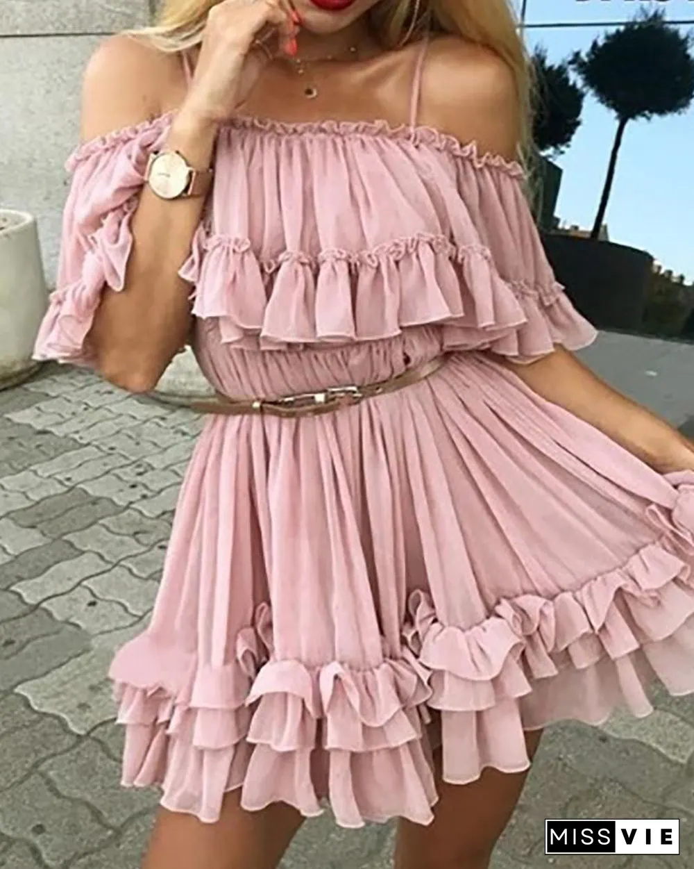 Cold Shoulder Frill Layered Ruffles Dress P10875