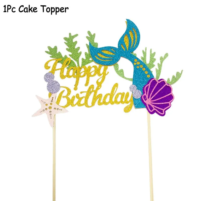 1Set Mermaid Party Happy Birthday Cake Topper Cupcake Toppers Girl Baby Shower Little Mermaid Theme Birthday Party Decorations