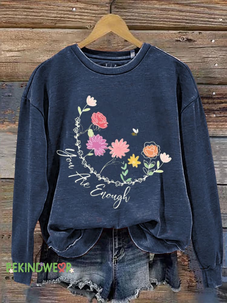 You Are Enough Floral Bee Print Casual Sweatshirt NavyBlue / S