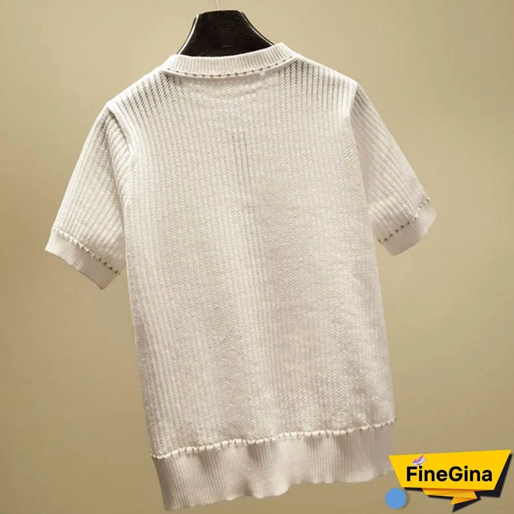 Summer Casual Button Thin Knitted T Shirt Women Hollow Out Tee Shirt Femme Tops T Shirts Female Tshirt Woman Clothes White