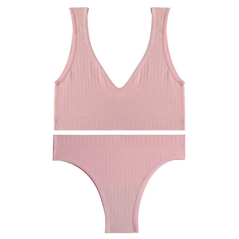 FINETOO Women Seamless Bra Set Deep V Tops Low-Rise Brazilian Panties Ladies Backless Top Soft Underwear Suit Female Lingerie