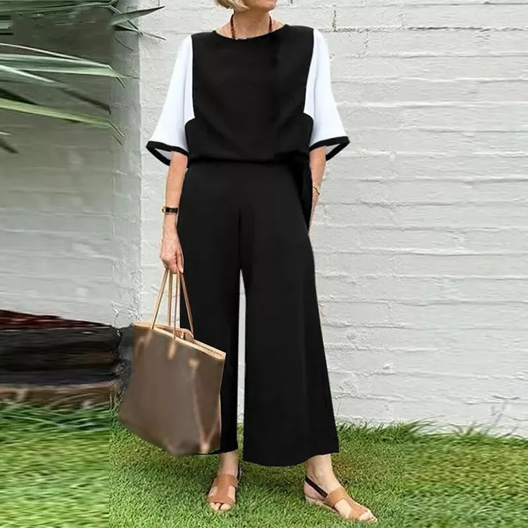 Womens Spring and Summer Two-Piece Set Stitching Loose Top Wide Leg Pants Casual Fashion Set