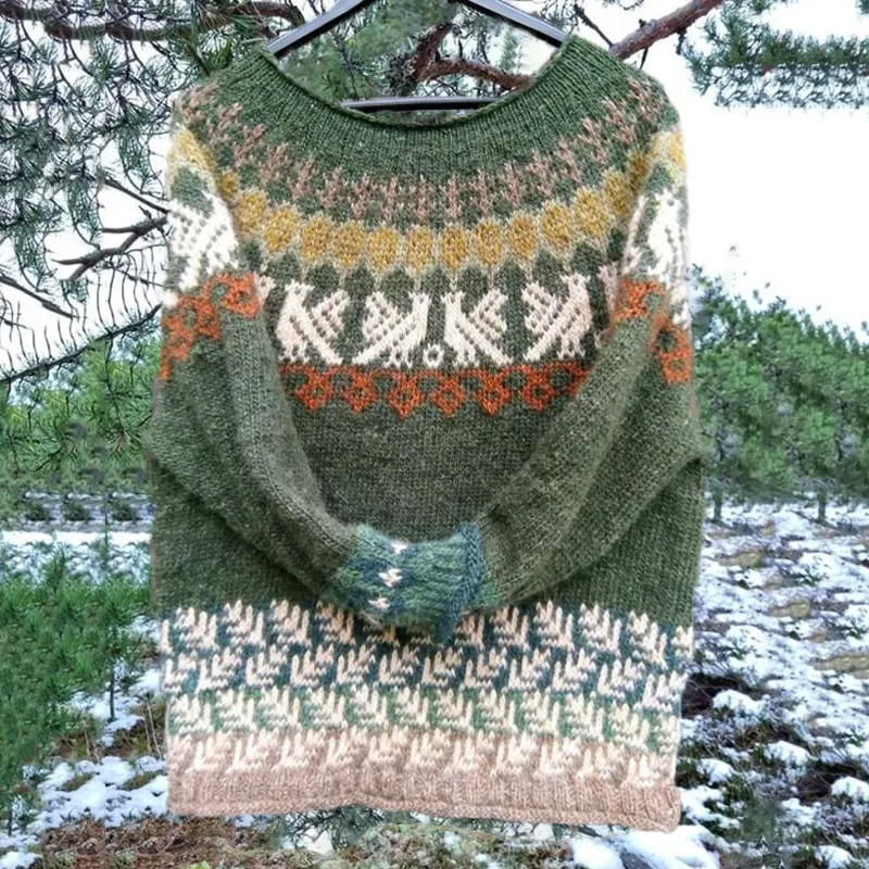 Vintage Icelandic Cute Bird Knit Jacquard Warmth Crew Neck Sweater（Unisex）