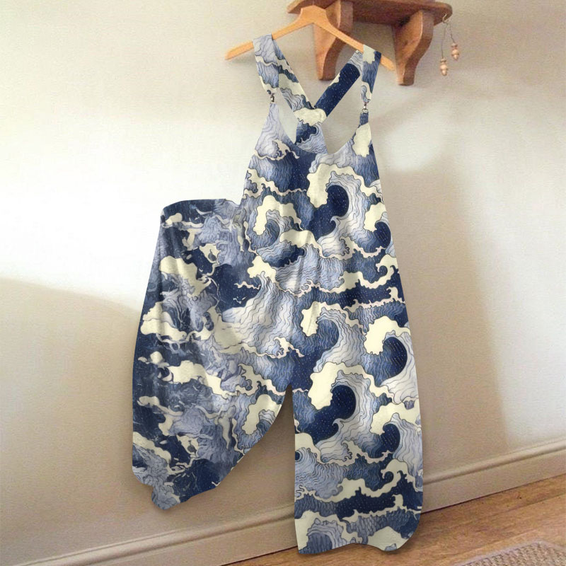 Japanese Art Wave Print Loose Casual Jumpsuit