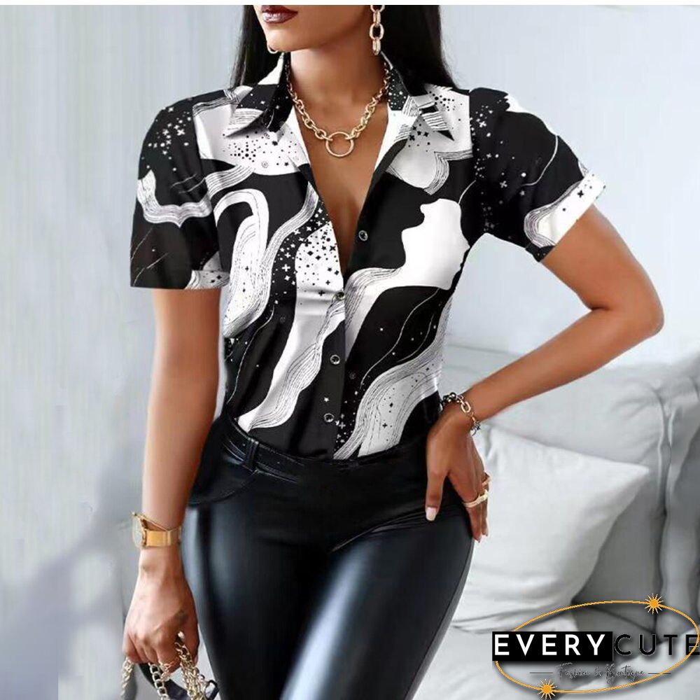 Summer Women Black Floral Print Top Shirt Fashion Casual Short Sleeve Turn-down Collar Tops Shirts New Elegant Slim Button Shirt
