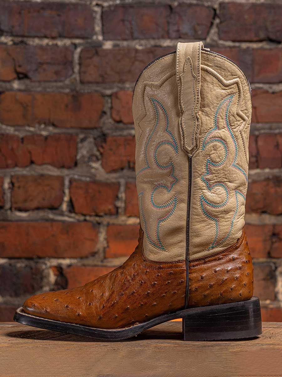Brown & Beige Ostrich Embossed Square Toe Stitching Cowgirl Boots
