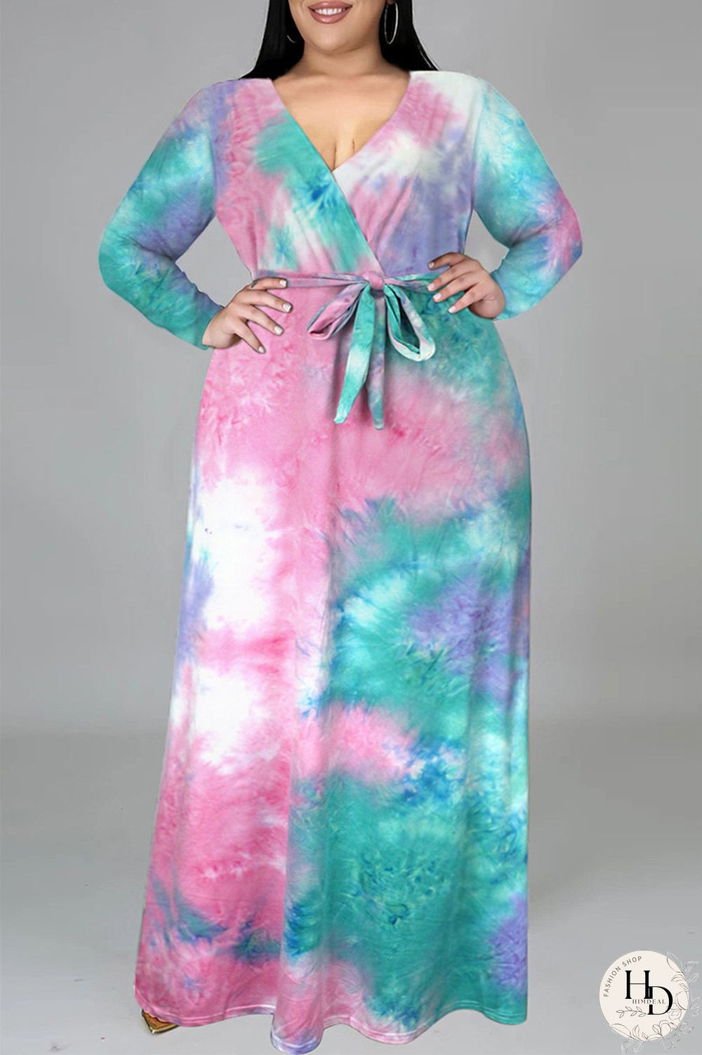 Colour Fashion Casual Print Tie-dye V Neck Long Sleeve Plus Size Dress