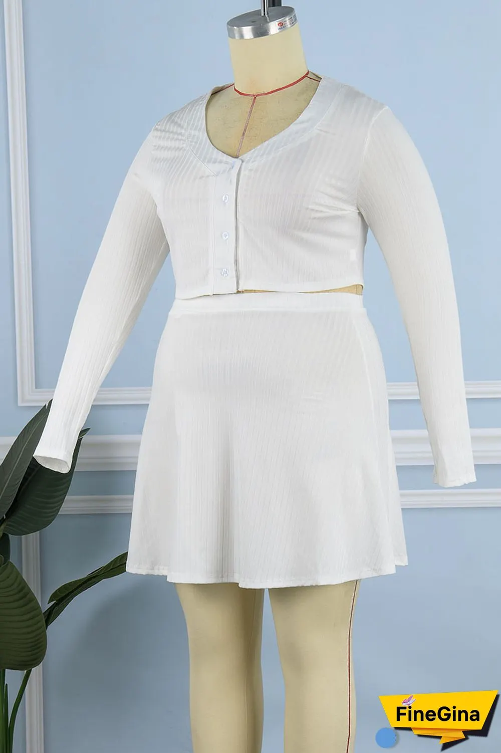 White Casual Solid Patchwork Buckle Plus Size Two Pieces