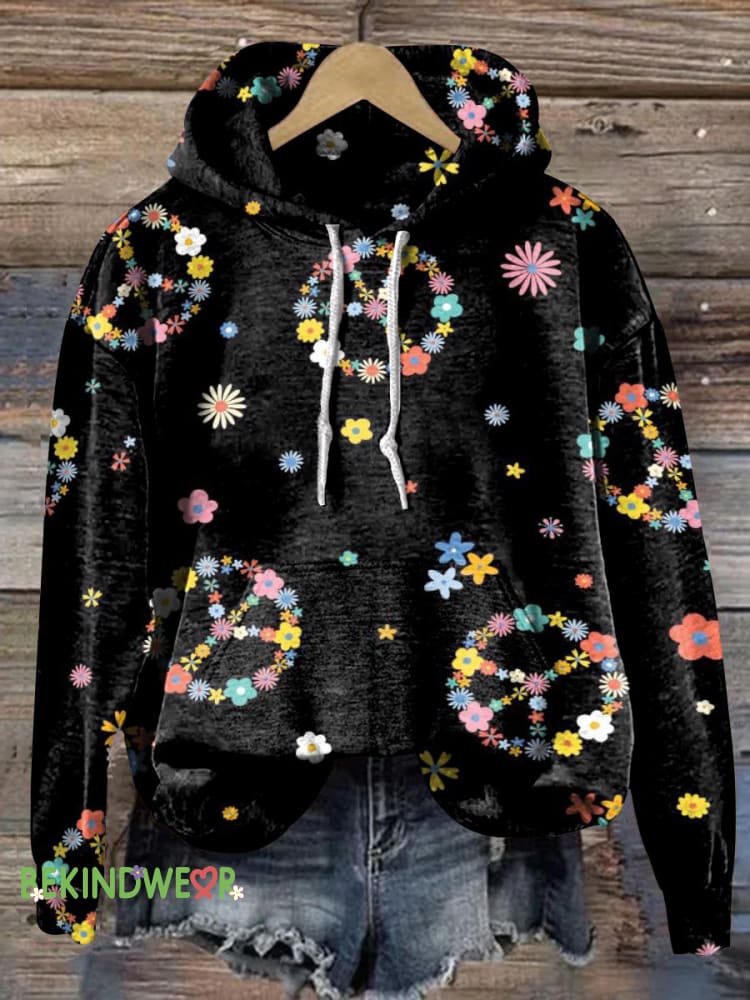 Cute Floral Peace Print Casual Hoodie Multicolor / S