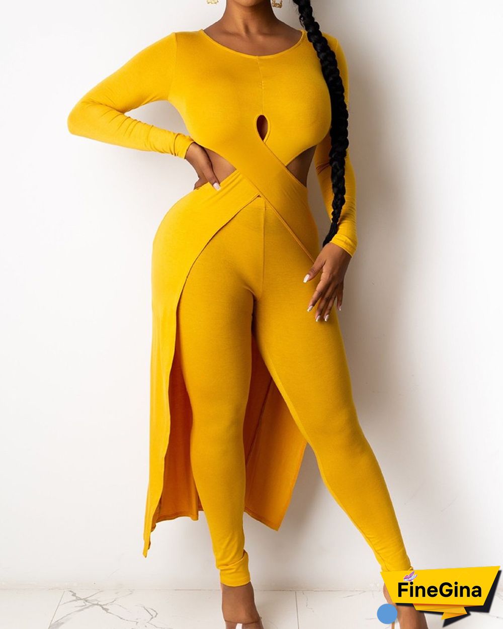 Solid Cutout Asymmetrical Top & Pants Set