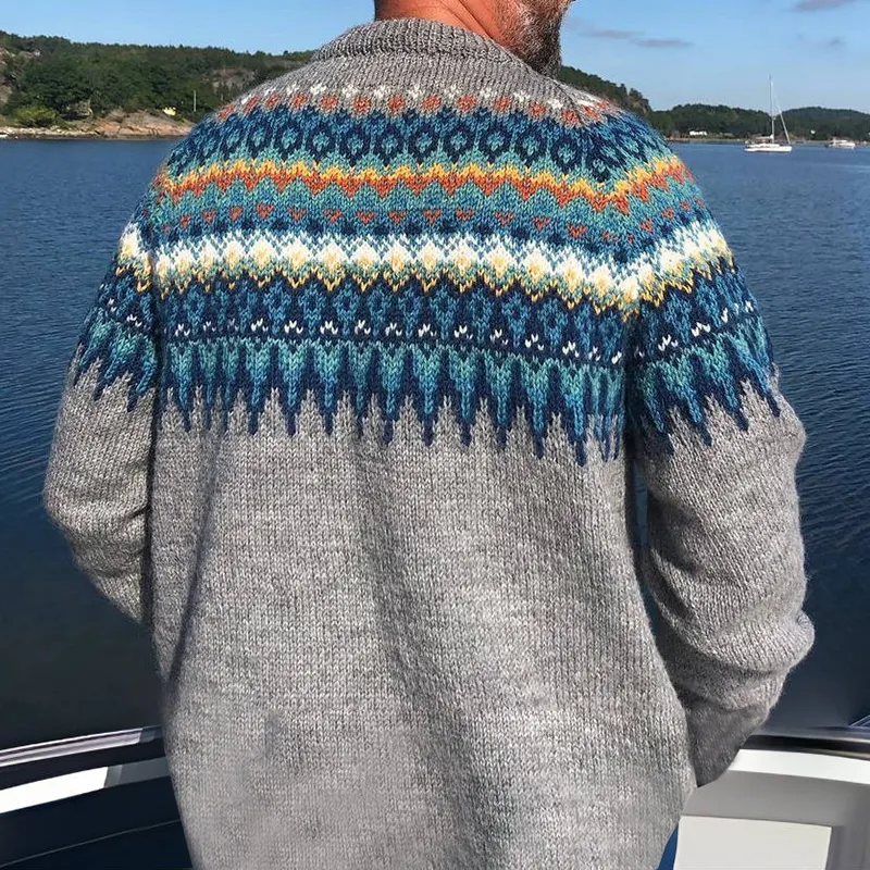 Contrasting Blue And Gray Geometry Icelandic Pullover Sweater
