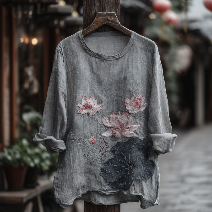 Women's Retro Lotus Pattern Linen Blend Long-sleeve T-shirt elevenforest