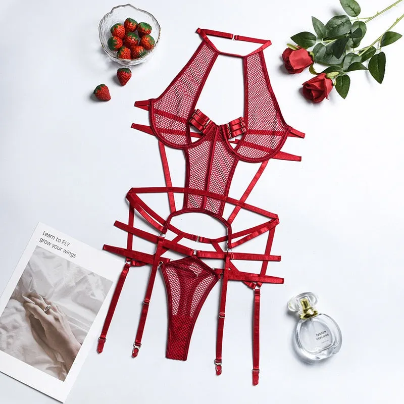 MIRABELLE Sexy Lingerie Erotic Mesh Bodysuit Women See Through Halter Sensual Lingerie Sex Suit Hot Porn Exotic Costumes Bodys