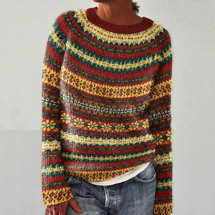 Vintage Geometric Contrast Crew Neck Sweater