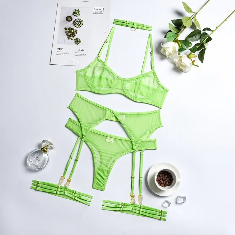 MIRABELLE Sensual Lingerie Set Woman 4 Pieces Sexy Erotic Underwear Bra Garters Brief Sets Transparent Lace Seamless Outfits