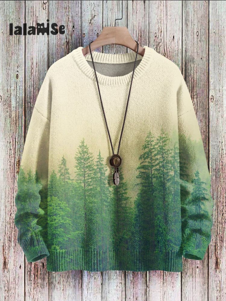 Christmas Tree Art Print Pullover Knitted Sweater Sand / S
