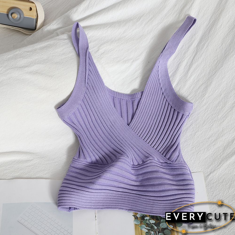 Women Rib Tank Tops Summer Wrap Front Sexy V Neck Knitting Sleeveless Tops Solid Color Beach Retro Skinny Chic Tops