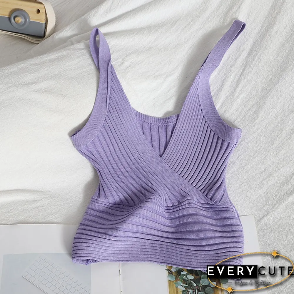 Women Rib Tank Tops Summer Wrap Front Sexy V Neck Knitting Sleeveless Tops Solid Color Beach Retro Skinny Chic Tops