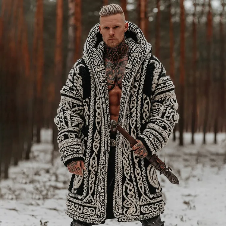Men's Viking Celtic Knot Contrast Jacquard Cozy Midi Cardigan Sweater