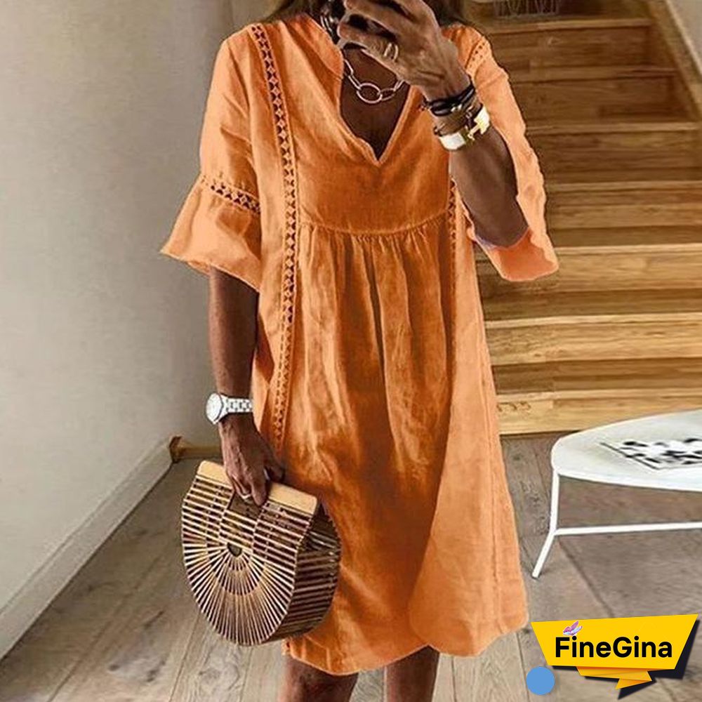 Women Sexy Hollow Out V-neck Mini Dress Floral Print Patchwork Dress Casual Beach Dress