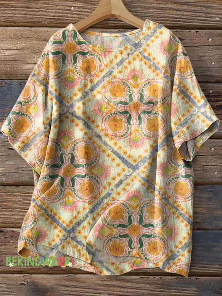 Women&rsquo;s Retro Ethnic Floral Print Casual Linen Crew Neck Shirt Multicolor / S