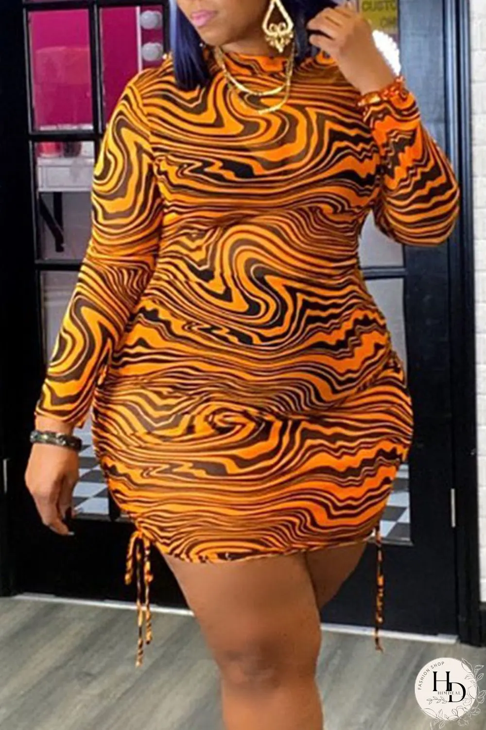 Fluorescent Green Sexy Print Split Joint Frenulum Fold O Neck Pencil Skirt Plus Size Dresses