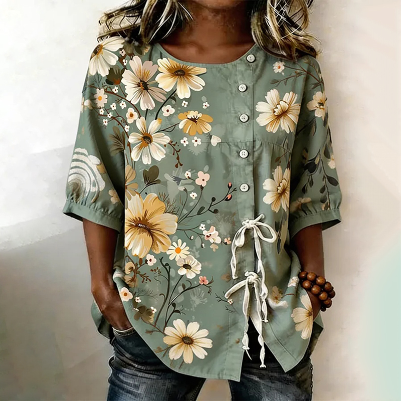 Comstylish Women's Daisy Floral Print Button Tie Waist Linen Blouse