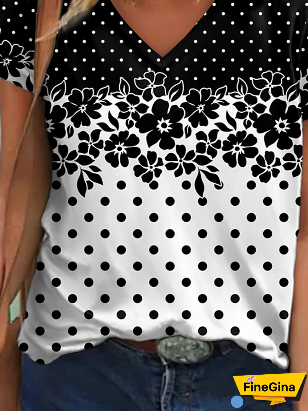 V Neck Floral-print Short Sleeve Casual T-shirt