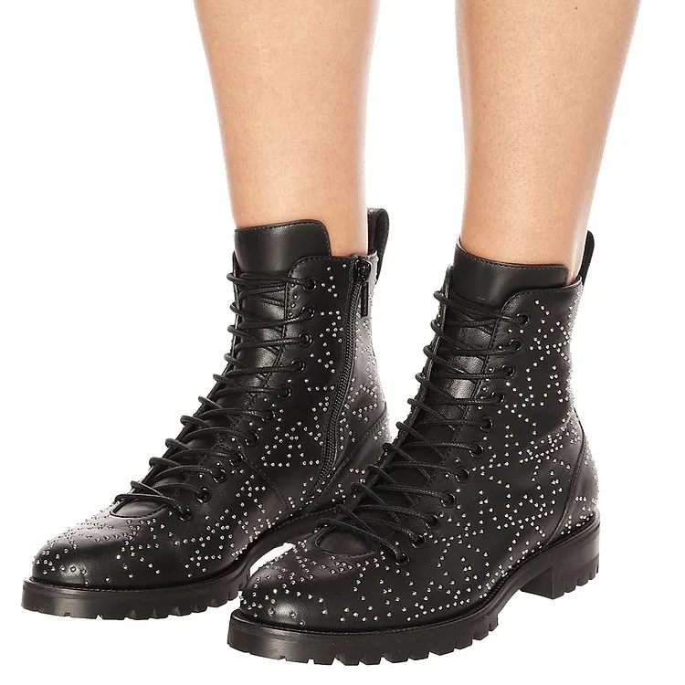 Studded Black Lace Up Combat Boots Vdcoo