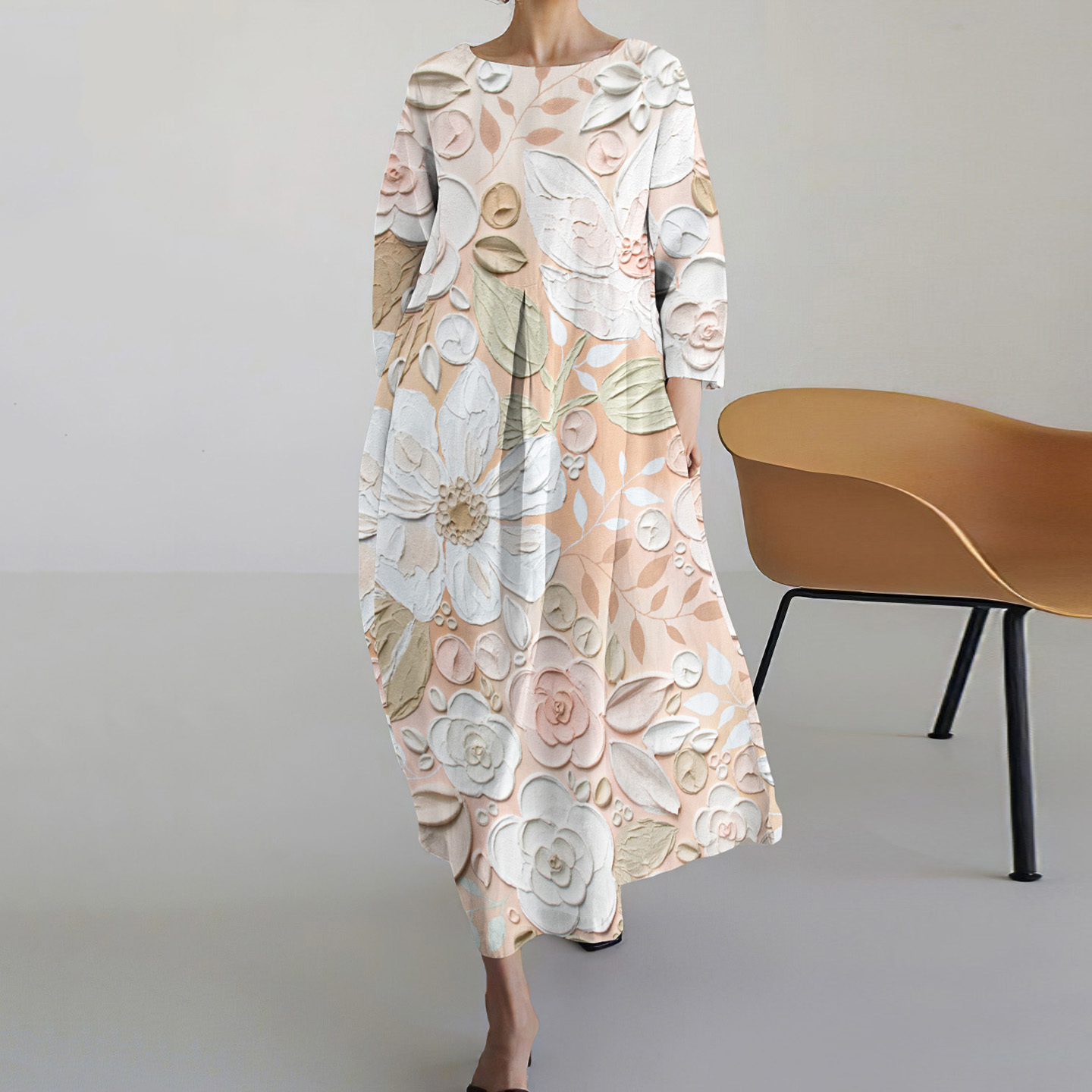 Art Flower Print Casual Midi Dress artswardrobe