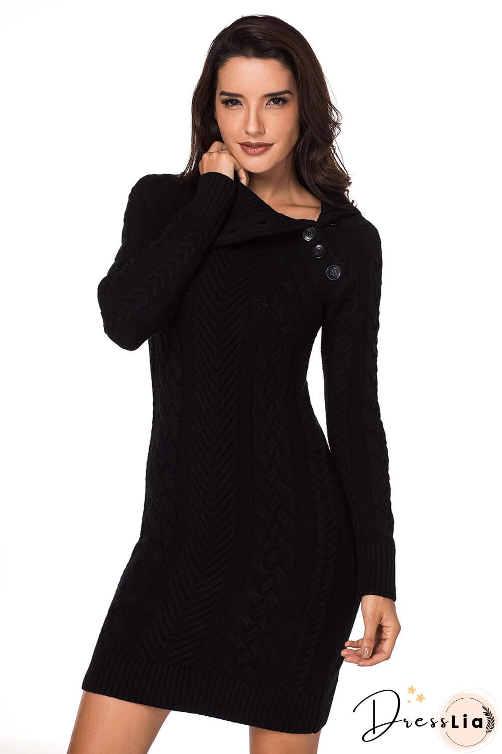 Long Sleeve Knitted Button Neck Sweater Mini Dress