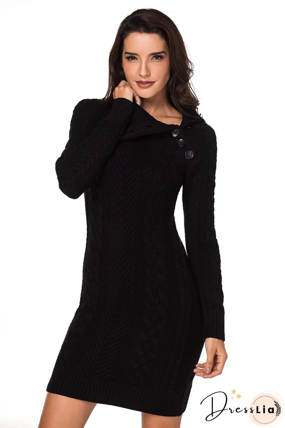 Long Sleeve Knitted Button Neck Sweater Mini Dress