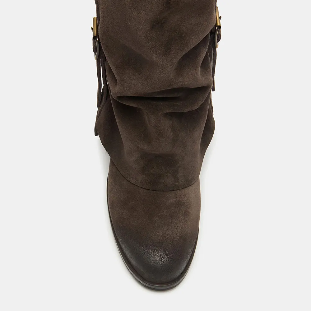 Brown Vegan Suede Round Toe Fold Over Knee High Boots with Buckle