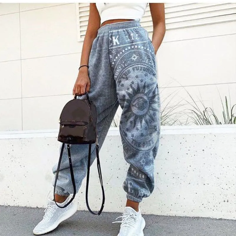 Women Casual Skull Print Patchwork Pants Spring Autumn Elastic Waist Pocket Loose Pencil Pants Female Streetwear Warm Sweatpants