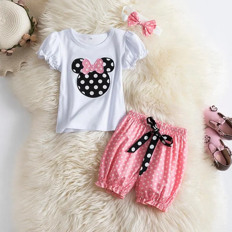 Baby Summer Romper + Dots Shorts Pants Cotton Kids Clothes Sets 3pcs Baby Girl Mouse Pattern Cartoon Clothes With Cute Headband