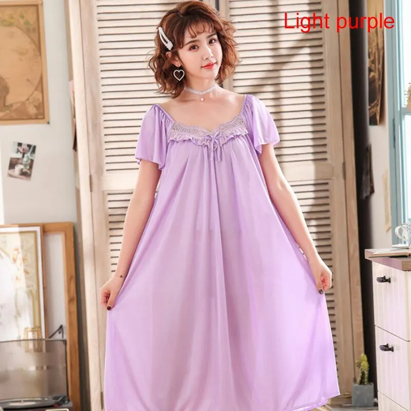 Sexy Night Dress Silk Short Sleeve Sleeping Dresses Ice Silk Satin Sleepwear Female Nightgown Women Plus Size Night Shirts