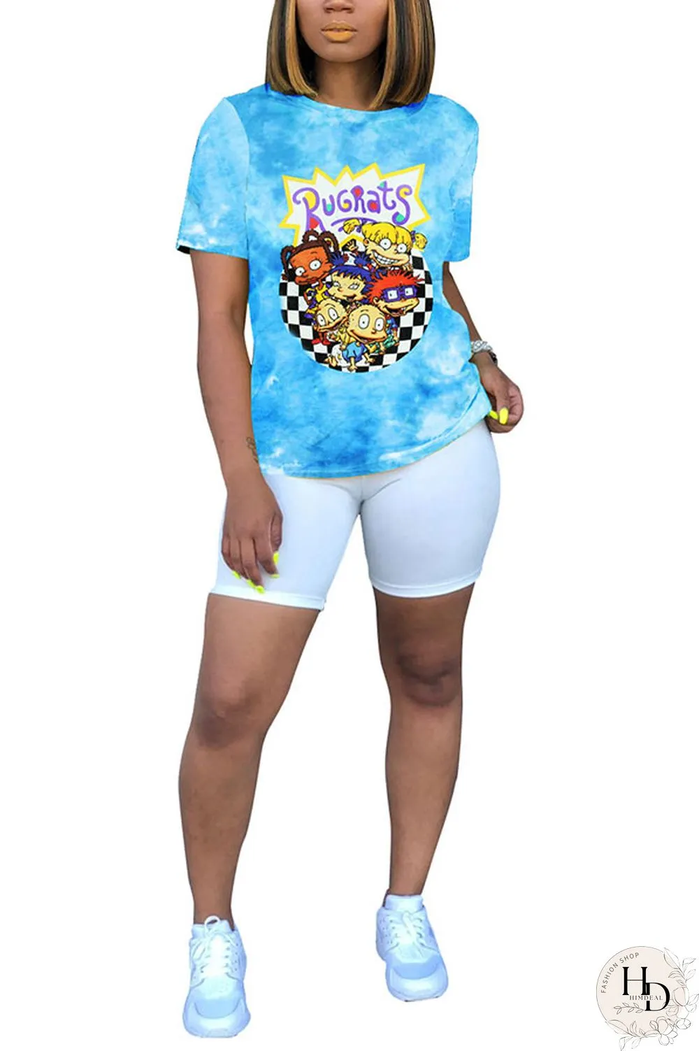 Blue White Blue Orange Yellow colour Polyester O Neck Short Sleeve Patchwork Print Character Tops