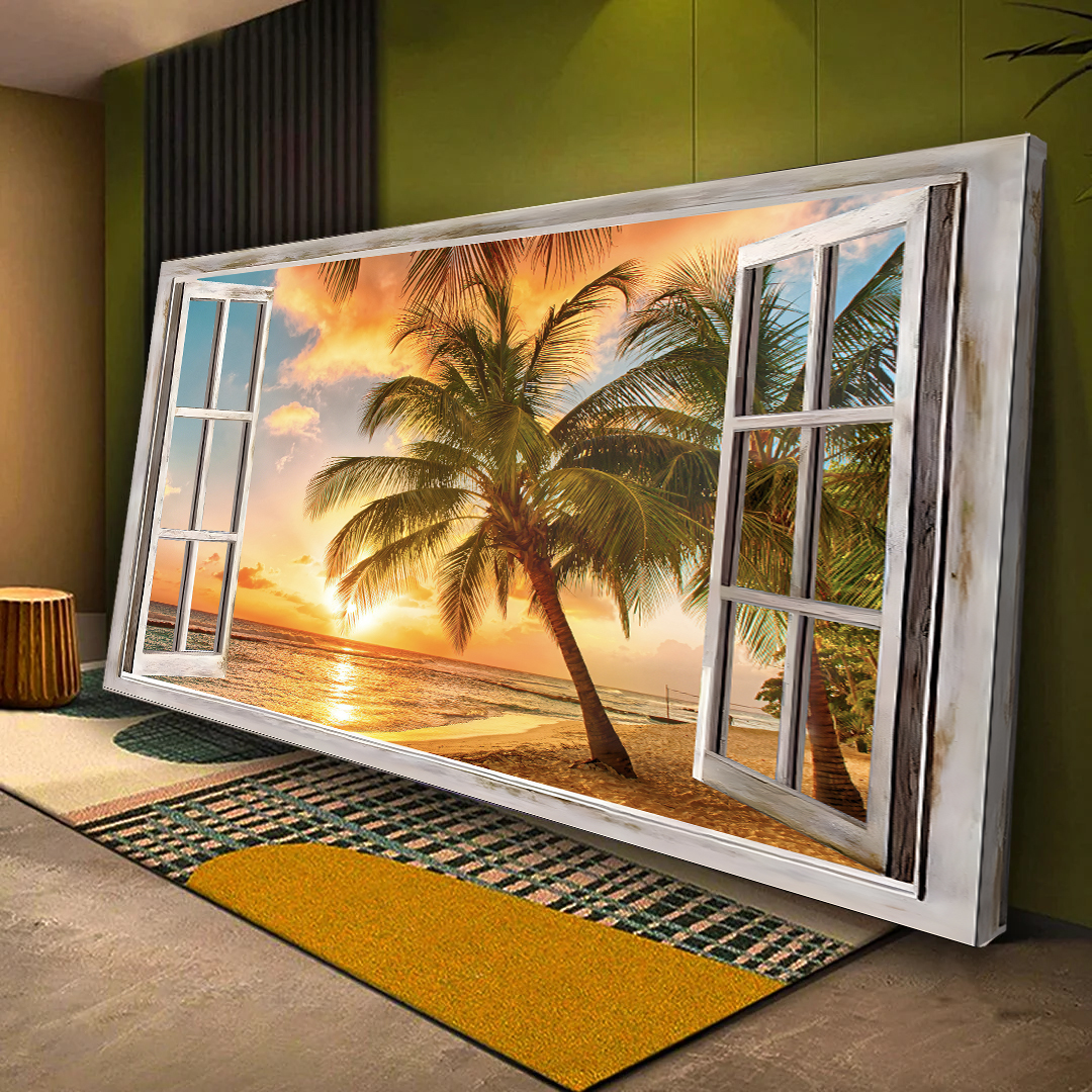 Beautiful Window Beach Sunset Canvas Wall Art