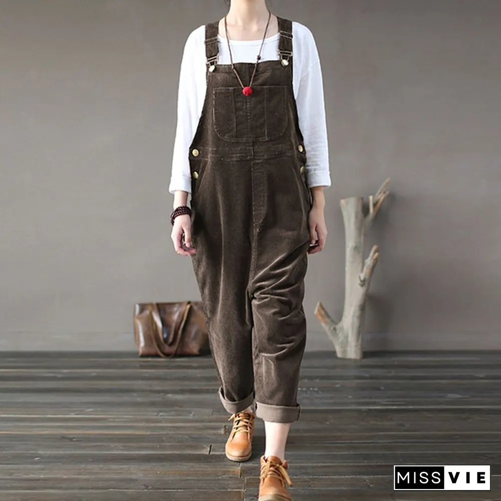Women Corduroy Bib Pants Trousers Jumpsuit Playsuit Dungarees Pinafores Overalls