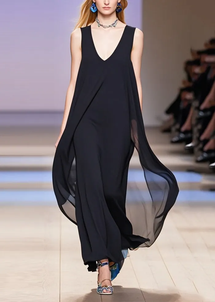 French Black Oversized Draping Chiffon Maxi Dresses Sleeveless Summer