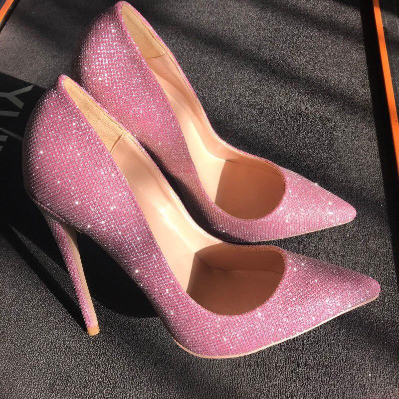 GOOSHOE Sandal Pink Pumps Women 12cm Thin High Heels Glitter Leather Bright Pointed Toe Stiletto Bling Bling