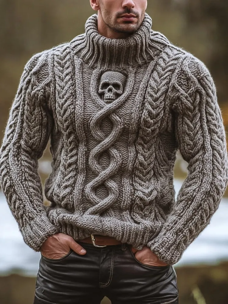 Men's Vintage Skull Celtic Chunky Knit Turtleneck Sweater
