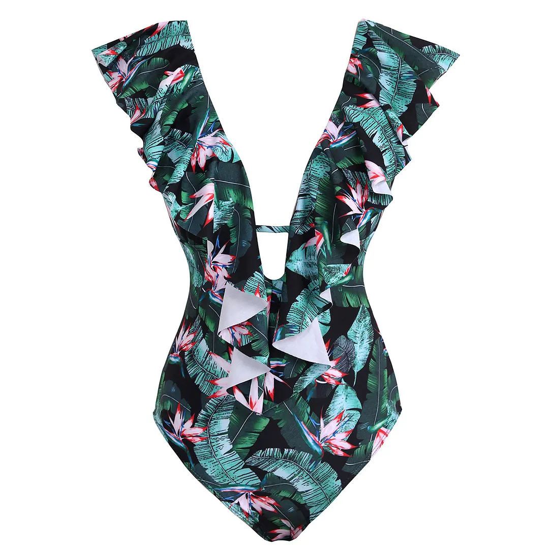 Churchf Printed Flowers Even Lotus Leaf Side Body Swimsuit Women 2025 New Swimsuit Bare Back