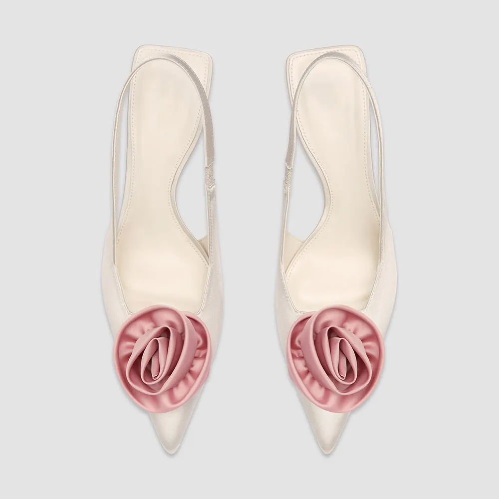 Elegant White Satin Rose Accent Pointed Toe Slingback Wedding Heels