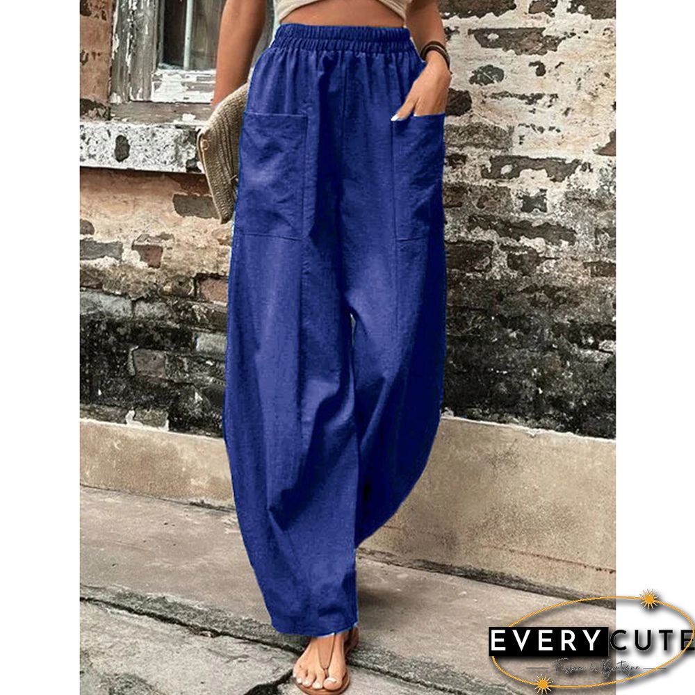 Royal Blue Solid Elastic Waist Pocket Casual Pants