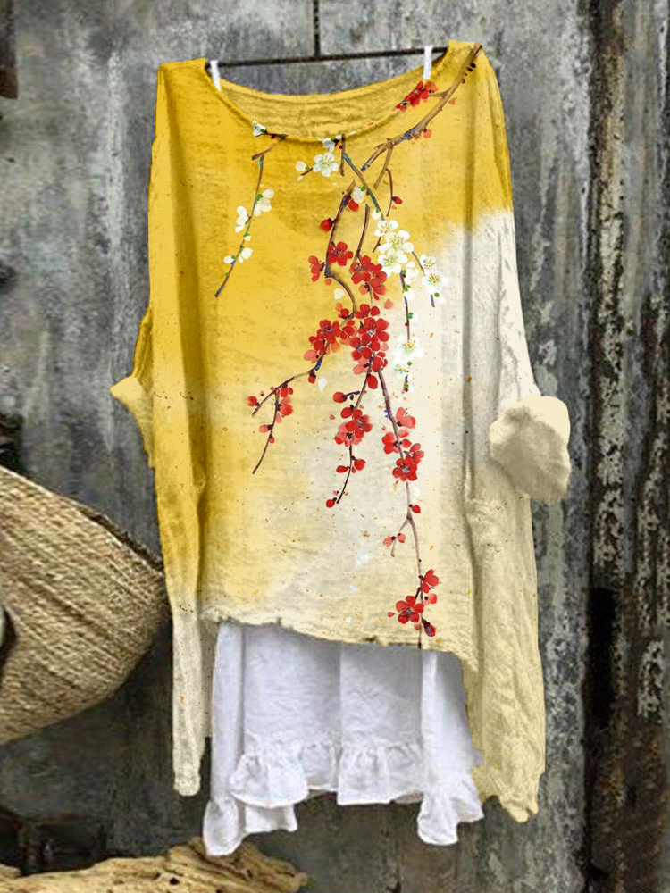 Japanese Plum Blossom Art Linen Blend Flowy Tunic elevenforest